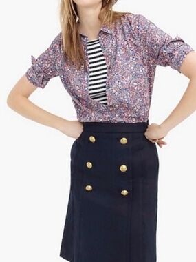 J. Crew Navy Linen Sailor Skirt with Gold Buttons